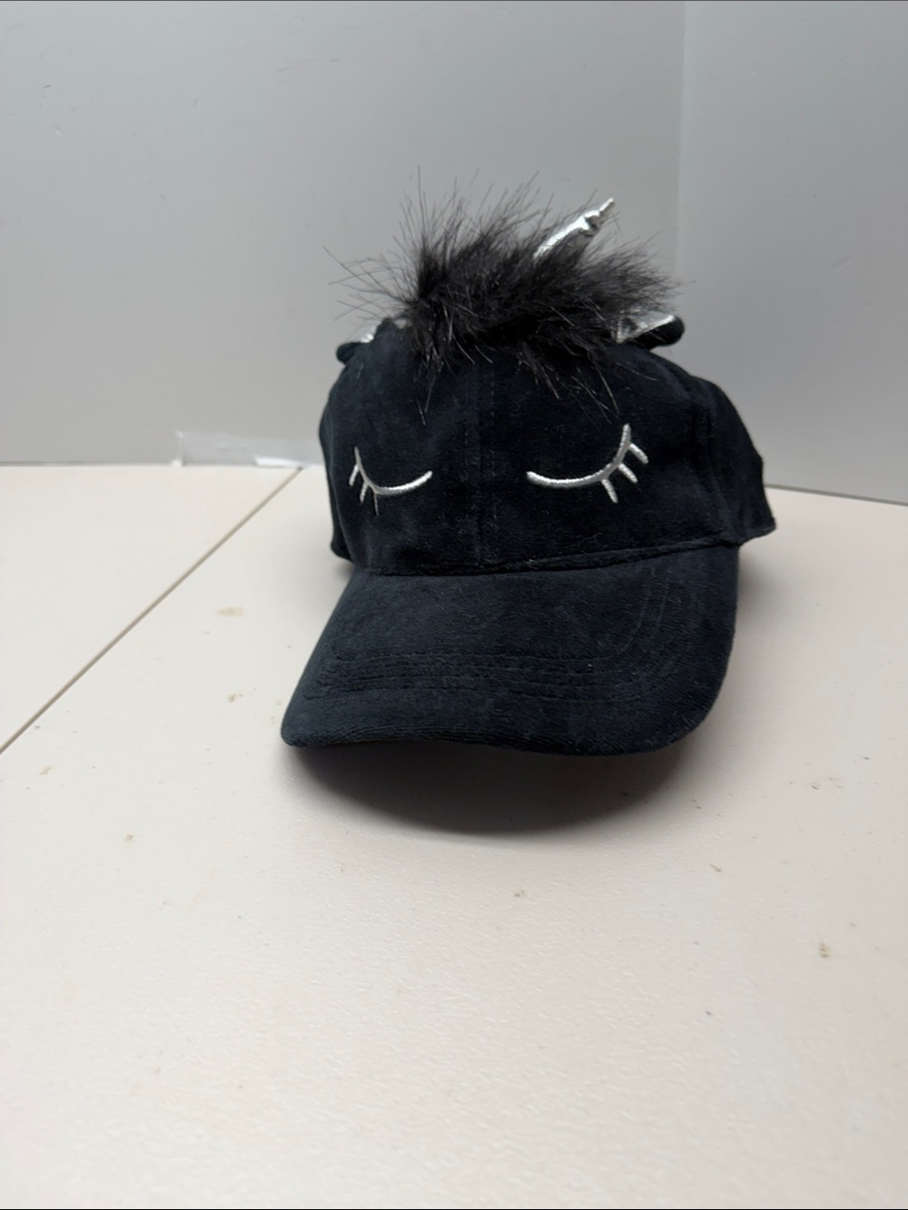 Kids Black Unicorn Cap with Faux Fur and Eyelash Embroidery